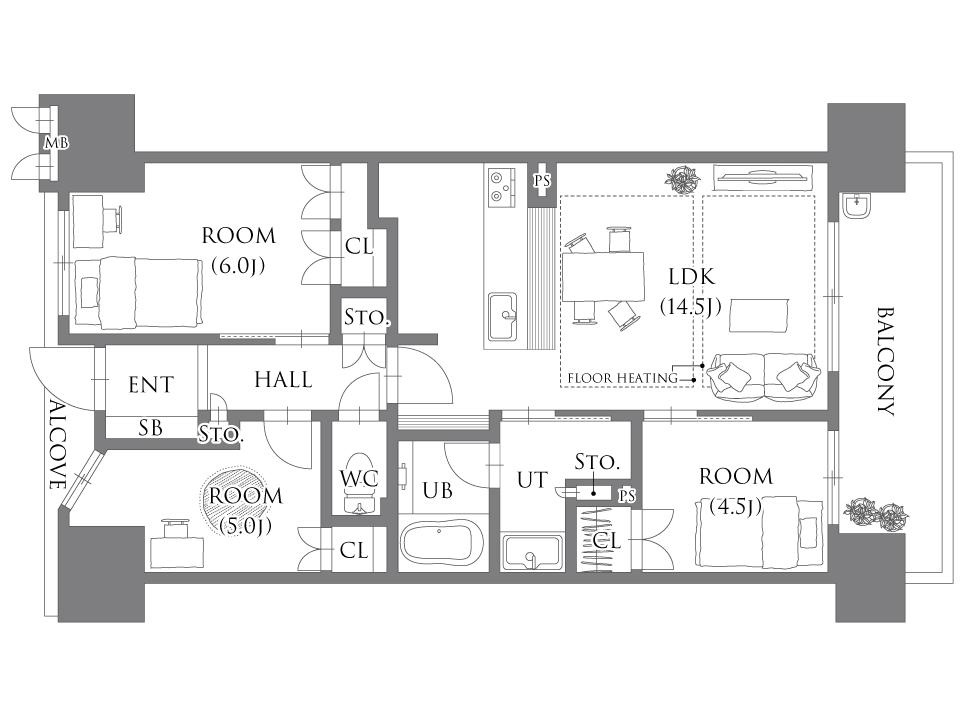 ローレルコート加古川ザ・レジデンスの間取り|LDKから出入り可能な南西向きバルコニー付き。キッチンの隣には洗面室・浴室があり、家事の同時進行が叶いやすい設計です。3つの個室にはそれぞれクローゼットが備わっています。