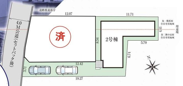【GRAFARE　ZEH水準仕様】東久留米市八幡町３期の区画図|お車２台分の駐車スペースをご用意いたしました！前面の道路は車の往来が少ない道となっておりますので、小さなお子様のいるご家庭も安心です♪
