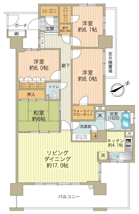 南東向き角住戸、113.41㎡4LDKタイプ