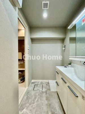 【脱衣所】 | セザール北綾瀬 | 【洗面所】明るい洗面所は朝をすっきりさせてくれる空間です。バタバタしている忙しい朝でも収納が多い洗面台では短い時間で効率良く支度ができます。