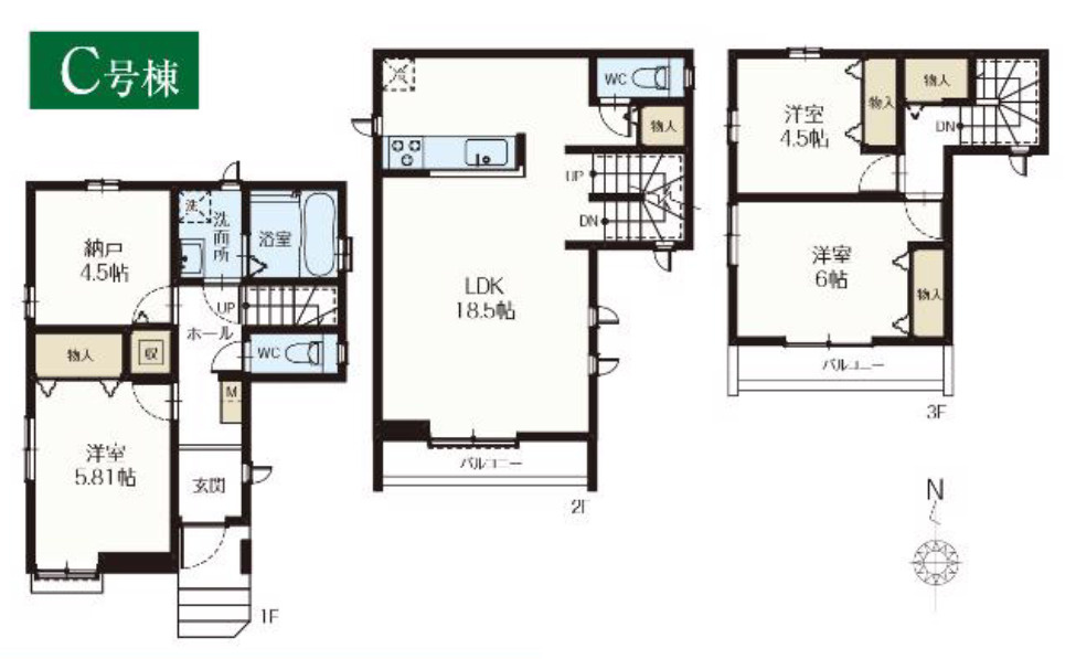 板橋区徳丸5丁目　最終2棟　ZEH水準　省エネ住宅の間取り|C号棟　3LDK+S　土地面積71.55m2　建物面積98.53m2