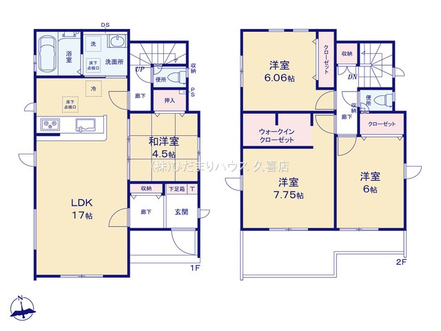 久喜市青葉５期　新築一戸建て　01　グラファーレデザイン　の間取り|対面キッチンでお料理中も家族と会話を楽しめます♪