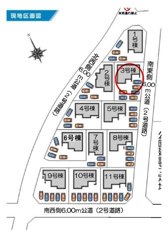 第3富士見町時沢　新築戸建　3号棟の区画図|駐車場6台ご用意しています！来客時も重宝します♪
前面道路6ⅿなので、車の出し入れもしやすいですよ！