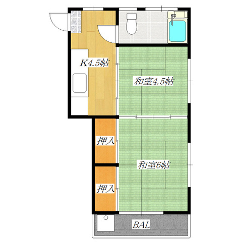 柏木ビルの間取り|広々２Ｋ！日当たりの良いお部屋！