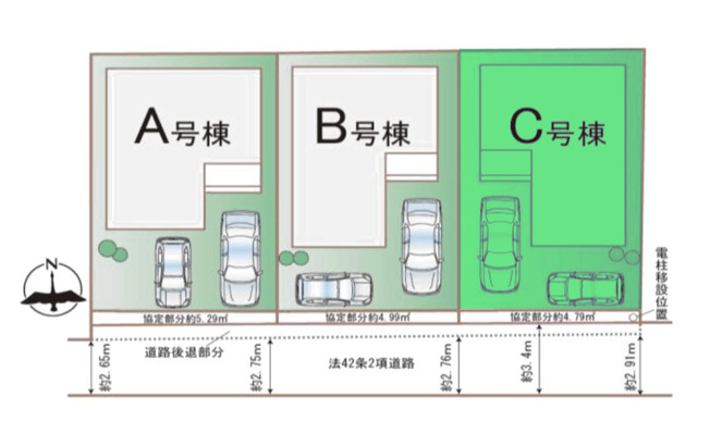 【区画図】 | ハートフルタウン高崎市堰代町48ーC | 中央小学校まで徒歩3分！JR高崎駅まで1.6Km！
全棟南向き道路に面した明るい区画！