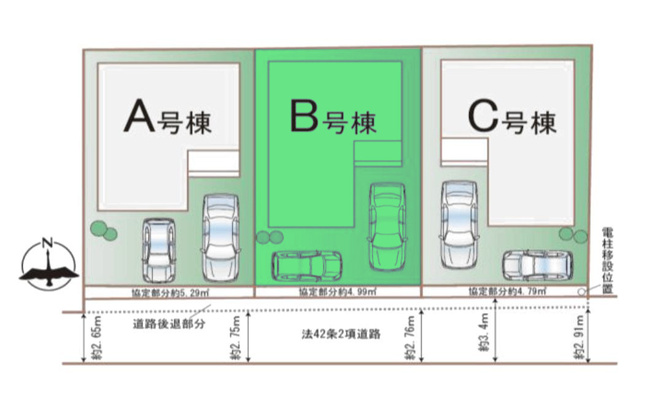 【区画図】 | ハートフルタウン高崎市堰代町48ーB | 中央小学校まで徒歩3分！JR高崎駅まで1.6Km！
全棟南向き道路に面した明るい区画！
