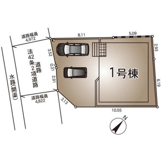 【区画図】 | 厚木市及川2丁目  1号棟 | 南西側約4.8ｍ公道　駐車並列2台（車種によります）　敷地面積33.9坪