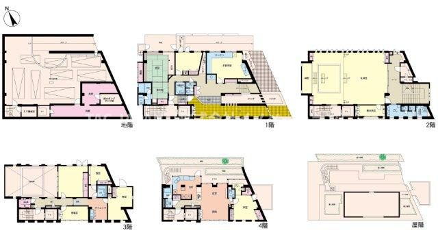 アーバンデザイナー設計・重厚SRC邸宅の間取り|地下駐車場から4階まで直通で抜ける一般EV完備の多層階邸宅。バルコニーから望む新宿の街並みや圧巻の2階ホール・豊富な収納・最大8台（車種により）まで駐車可能な地下駐車場など見所は尽きません。
