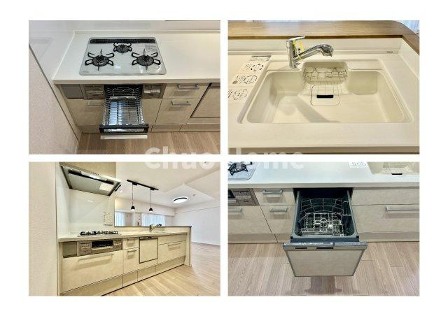 ジェイパーク北千住モナクレイスのキッチン|【システムキッチン】ワイドで収納豊富な使い勝手の良いカウンターキッチンには、食洗器や伸縮タイプのキッチン水栓、三ツ口コンロ・魚焼きグリルなどの便利な設備が標準完備されています。