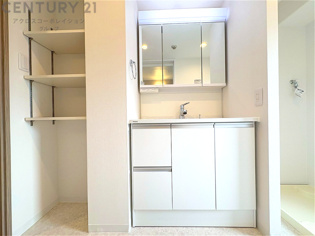 化粧品や洗顔料、歯ブラシなどの必需品をまとめて置ける収納スペースがあり、使用するたびに取り出す手間が省けます。また、水回りのため、濡れても大丈夫な素材が使用されており、お手入れが簡単です。