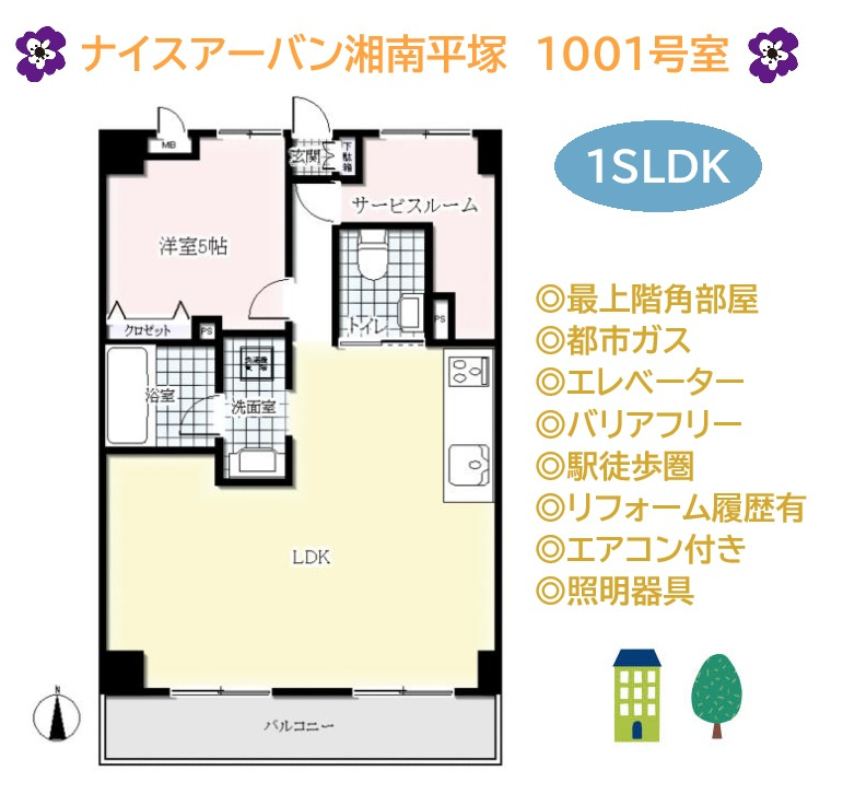 ナイスアーバン湘南平塚の間取り|セカンドハウスや単身世帯におすすめな１SLDK間取りプラン！
車いす対応のバリアフリー物件です。