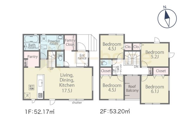 守谷市美園2丁目第1期　新築戸建て　1号棟の間取り|4LDK＋ファミリークローク＋パントリー、土地面積140.73m2、建物面積105.37m2
