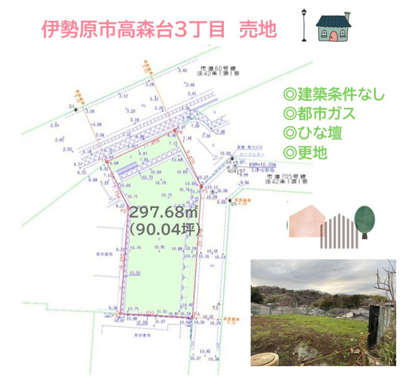 【土地図】 | 更地渡しで工事スタートスムーズ◎ぜひご見学下さい。
伊勢原市高森台エリアに圧巻の敷地90坪以上の売地が新登場♪　