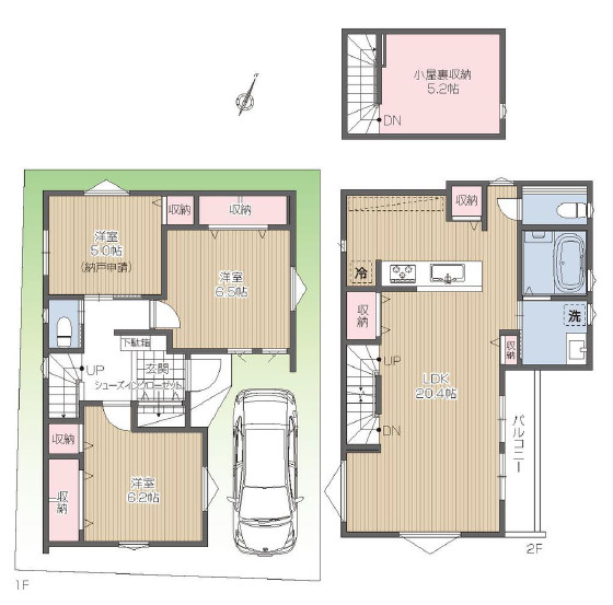 練馬区桜台2丁目　南道路×整形地　20帖LDKの限定2棟の間取り|A号棟　2LDK+S+SIC+パントリー+小屋裏収納+カースペース　敷地面積 81.05ｍ2　建物面積 93.15ｍ2