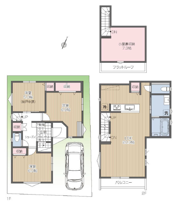 練馬区桜台2丁目　南道路×整形地　20帖LDKの限定2棟の間取り|B号棟　2LDK+S+SIC+パントリー+小屋裏収納+カースペース　敷地面積 80.74ｍ2　建物面積 91.18ｍ2