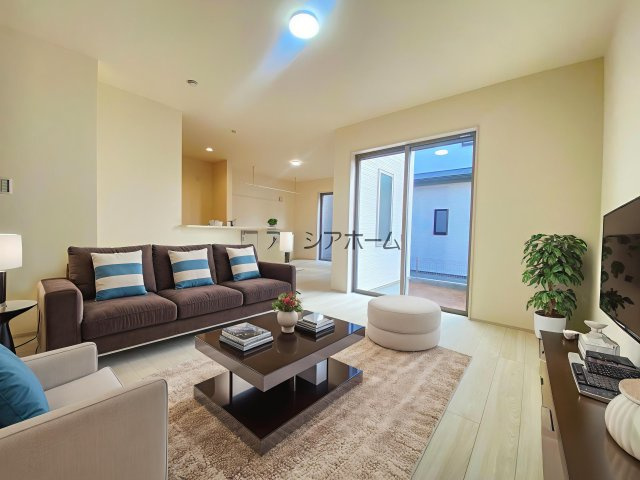 飯能市双柳・全11棟　新築一戸建　2号棟　の居間・リビング|LDK18.5帖（家具はCG画像での表示になります）