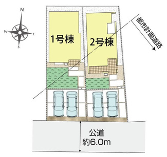 【区画図】 | 大和市福田  1号棟 | 1号棟　南側約6ｍ公道　駐車並列2台（車種によります）　敷地面積49.4坪