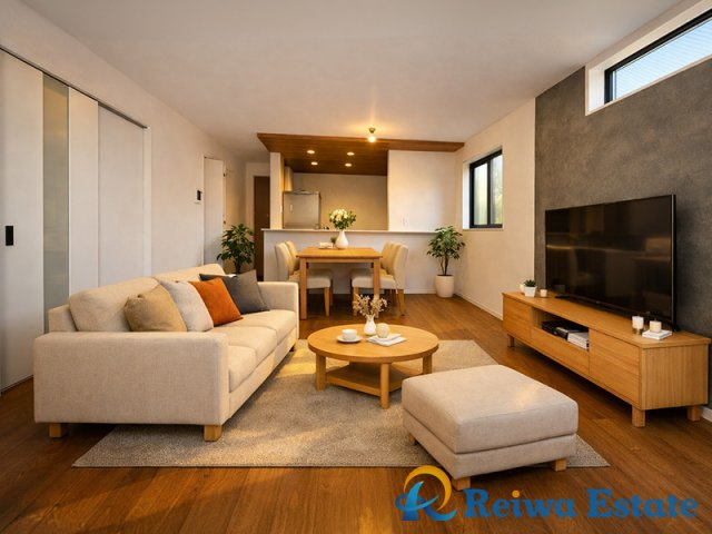 新築戸建　茅ヶ崎市代官町の居間・リビング|生活がイメージできるように、AIを使用して家具・家電・小物等を配置しております。