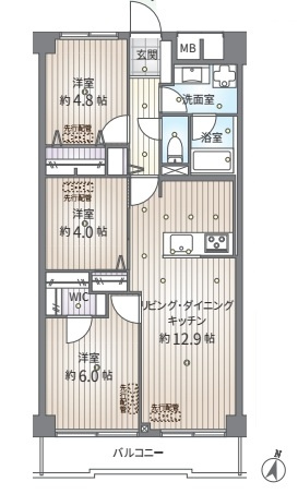グランドシティ大宮　EAST TOWERの間取り|グランドシティ大宮E棟、3LDK、専有面積63m2、バルコニー面積6.08m2