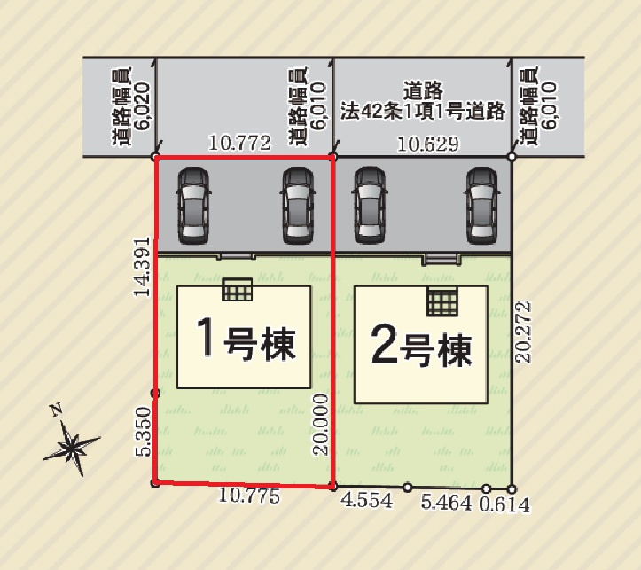 Cradlegarden　 ひたちなか市平磯遠原町　第1　1の区画図|敷地面積約64坪。前面道路幅6メートル、並列駐車可能で車庫入れラクラク！気になる他の物件と合わせての現地ご案内も可能です。お気軽にお問い合わせください。

