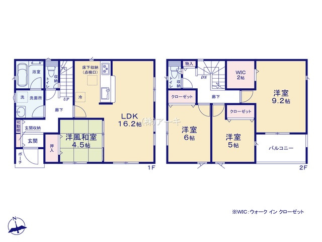豊明市沓掛町上高根55番1、55番2、55番3他『仲介手数料無料』新築戸建ての間取り|　3号棟　1F:LDK16.2帖に隣接する洋風和室4.5帖はお子様の遊び場・奥様の家事室に便利♪2F:主寝室9.2帖　WIC2帖設置！洋室6帖・洋室5帖　CL設置♪廊下物入♪南面バルコニー♪