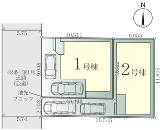 【区画図】 | 南区南台6丁目  1号棟 4期 | 1号棟　西側約5.7ｍ公道　駐車2台（車種によります）　敷地面積28.7坪