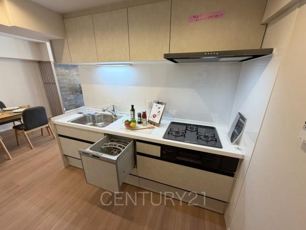 パシフィックパレス大手町のキッチン|シンクも大きく洗い物もしやすい浄水器付。シャワーヘッドは引き出し可能、シンクの隅々まで洗い流せます。