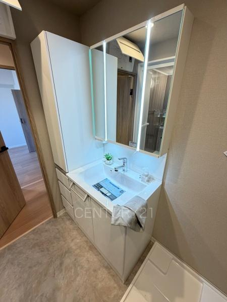 パシフィックパレス大手町の独立洗面台|三面鏡付きの洗面台には鏡の裏に収納があり、すっきり片付けられます。
洗髪も可能な伸縮機能つきシャワーヘッドです。