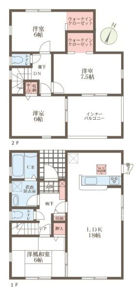 リーブルガーデン磯壁 ２号棟 ／新築一戸建の間取り|■広々したリビング１８帖・４ＬＤＫ＋２ＷＩＣの間取り！大容量の収納など、ご家族のお住まいにピッタリです！