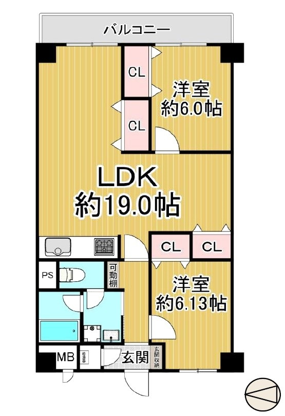 パークプラザ鶴見の間取り|中古マンション　2LDK　専有面積：70.40平米　バルコニー面積：7.68平米　東向き