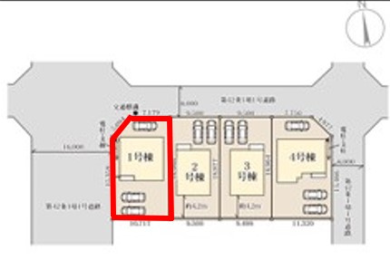 第1下野大光寺　1号棟の区画図|1号棟　土地面積：197.33㎡（59.69坪）