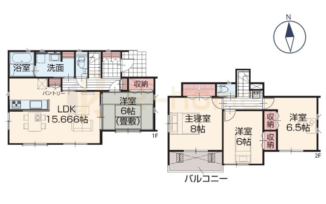 土浦市板谷4丁目25-P1　新築戸建て　1号棟の間取り|4LDK＋パントリー、土地面積177.00m2、建物面積101.85m2