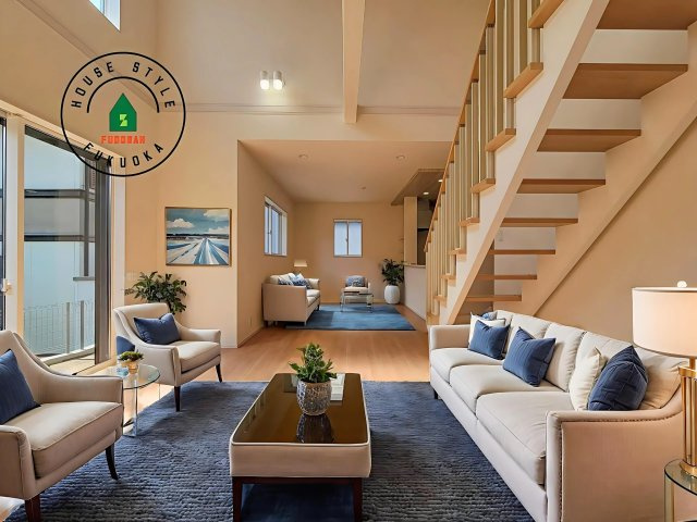 福岡市東区美和台6丁目第1-1棟（1号棟）の居間・リビング|明るく開放的なリビングダイニングは豊かな陽光が注ぎ込み、やすらぎの空間を演出してくれます。ご家族で楽しいひとときをお過ごし下さい。※家具はCGを合成したものです。