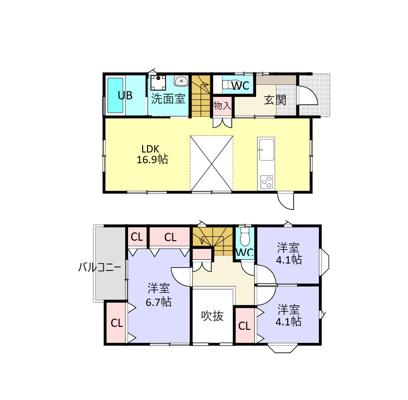 武岡4丁目　S-pasio　B棟の間取り|リビングの吹抜けが魅力の3LDKです。お子様の成長に合わせてお部屋を仕切れる間取りになっています。