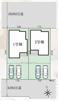 久喜市青葉５期全２棟　１号棟の区画図|カースペースは２台並列駐車可能！前面道路が6ｍあるのでゆっくり駐車ができます◎教育施設はもちろん周辺にはお買い物施設が充実しているので、子育てがしやすく暮らしやすい住環境です。