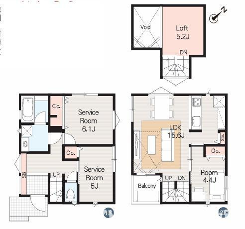 藤沢市鵠沼松が岡４丁目　新築戸建　全４棟の間取り|ロフト付き　１LDK+2Sです。