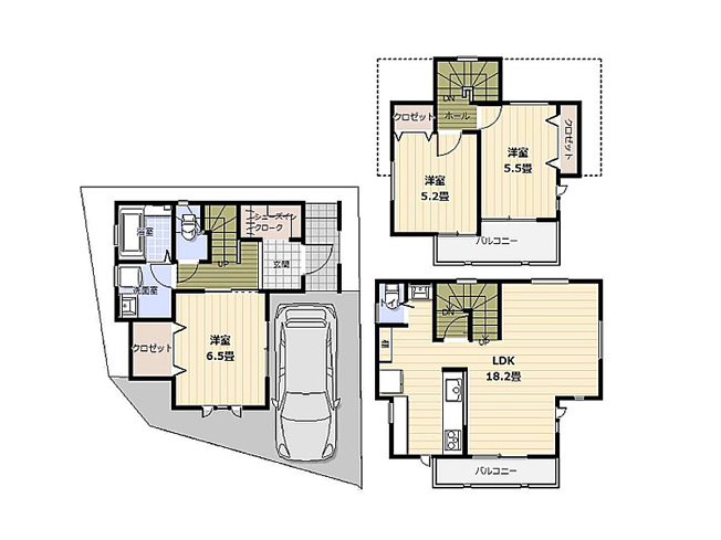 【間取り】 | 富士見市鶴瀬東2丁目　新築一戸建住宅　全1棟　(ふじみ野店) | 三方角地につき陽当たり良好！
全居室収納付きに加え、玄関にはシューズインクロークを完備した収納便利な住まいです。