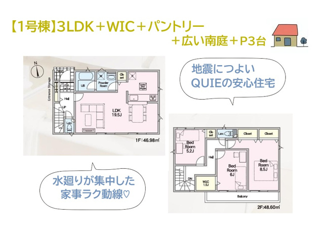 【間取り】 | 両面（北・南）道路に面した、開放感あふれるゆとりの3LDＫ◎
お子様がのびのび走り回れる19.5帖の大型リビングが魅力的！
水廻り集中設計で、毎日の家事効率もＵＰしますよ♪