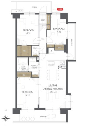 朝日パリオ越谷南Ⅰの間取り|三方角部屋の3LDKです