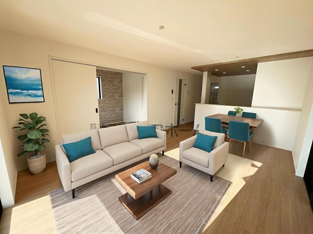 入間市扇台1丁目・全1棟　新築一戸建　の居間・リビング|明るい陽射しの差し込むLDK、16帖（家具はCG画像での表示になります）