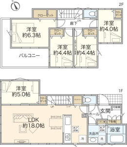 カースペース4台分のゆとりのある敷地が魅力の2号棟。家族が多くても個々のプライベートを重視できる5LDKの間取り。1階洋室5.0帖はリビングの延長としてやリモートワーク部屋としても利用可能。