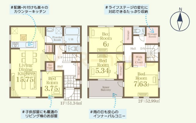 結城郡八千代町東原　新築戸建て　3号棟の間取り|4LDK＋WIC＋ストレージルーム＋パントリー、土地面積184.32ｍ2、建物面積104.33m2