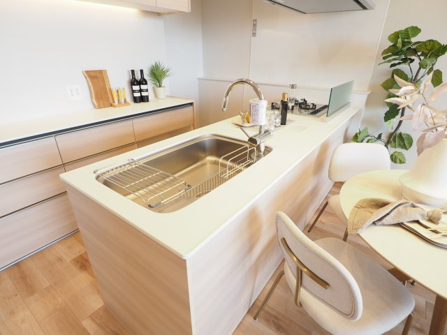 キッチンの背面には、食器棚があります。（2025年9月撮影）