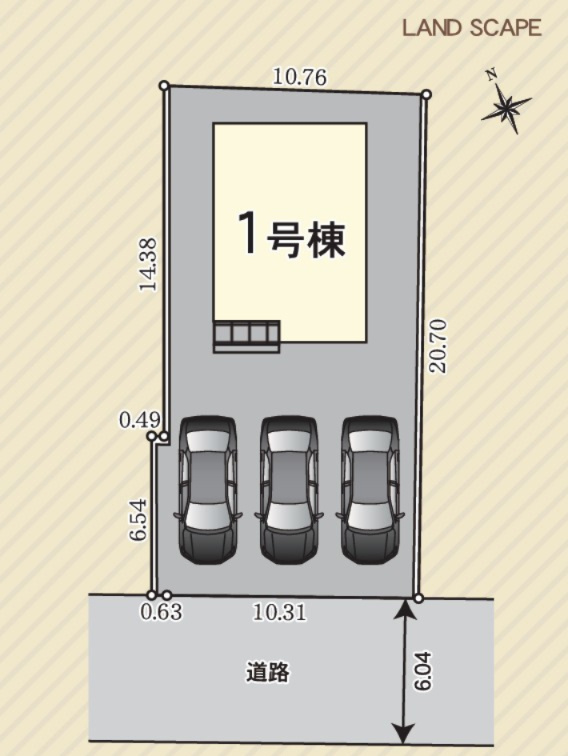 大田原市浅香第9　1号棟の区画図|余裕の駐車3台スペース！前面道路も幅6ｍあり安心です♪