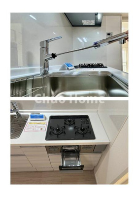 【キッチン】 | お花茶屋ローヤルコーポ | 【キッチン水栓】キッチン水栓はシャワーヘッドが伸びますのでシンクの隅々まで届きます。【三ツ口コンロ】奥様に好評な三ツ口コンロと魚焼きグリルです。