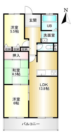 ユニライフ大和高田の間取り|3LDK　専有面積：64.96㎡