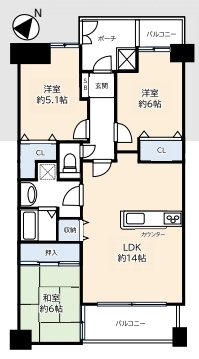 ネオステージ大宮の間取り|ネオステージ大宮、3LDK、専有面積70.58m2、バルコニー面積5.64m2