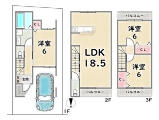 【土地図＋建物プラン例】 | 右京区嵯峨蜻蛉尻町　建築条件なし | 建築プラン例：建物価格1824万円、建延85.05平エ米、設計監理費用120万円別途要（税込）、外構費用110万円別途要（税込）
