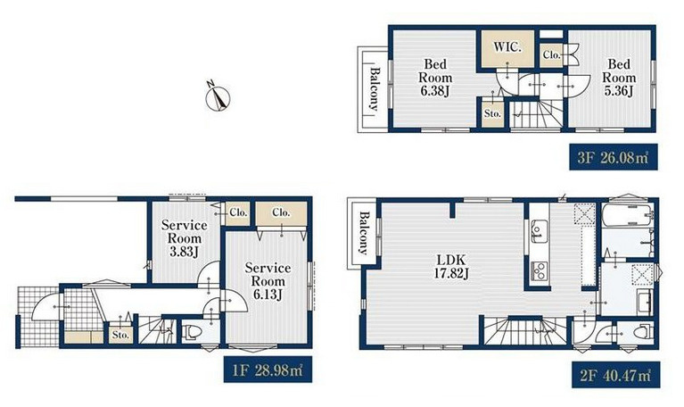 板橋区常盤台3丁目　生活快適エリア　建築条件なし　限定3区画の参考プラン|2区画　2LDK+2S+WIC+ビルトイン車庫　建物面積 95.53ｍ2　建物価格 1,570万円