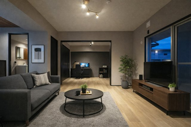 【居間・リビング】 | マリナージュ芦屋 | 洋室の引き戸を開放すると広々としたリビングに
※家具はAI生成にて配置しております